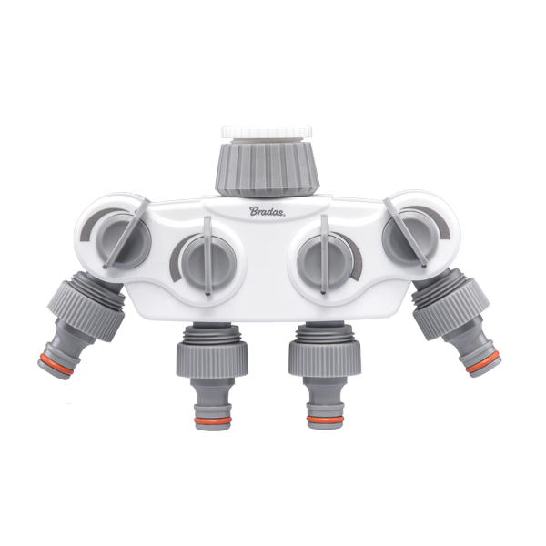 4-Way Tap Splitter Manifold – 1” & 3/4” BSP with Valves, Grey