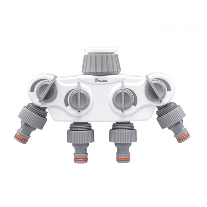 4-Way Tap Splitter Manifold – 1” & 3/4” BSP with Valves, Grey